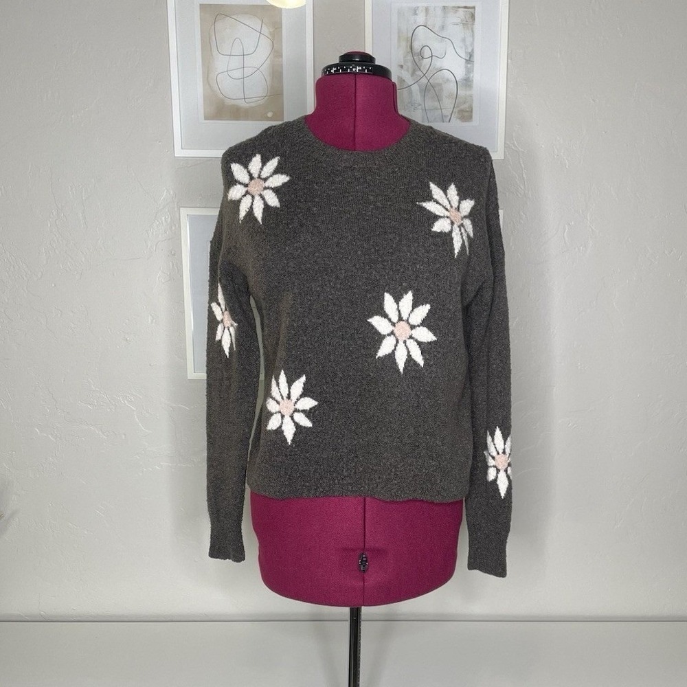 Madewell Sweater Womens Medium Gray‎ Merino Wool Blend Daisy Floral Crewneck